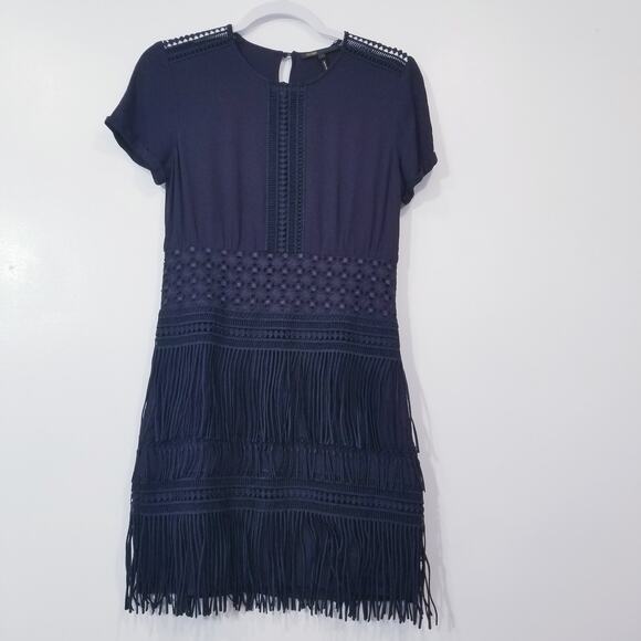 Maje Reia Nuit Sheer Lace Fringe Mini Dress Dark Blue - Picture 2 of 13
